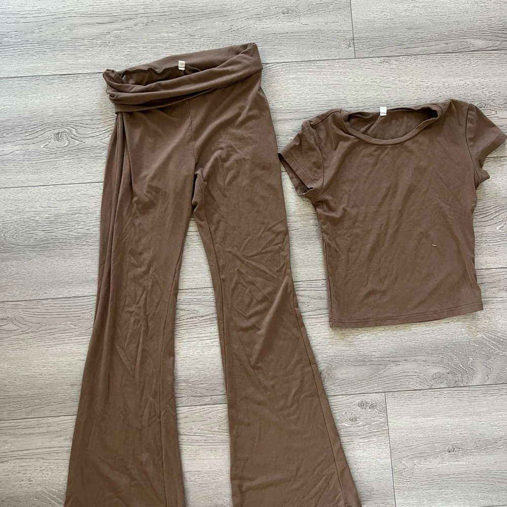 Brown Flare Pants and Short Sleeve Top Set
